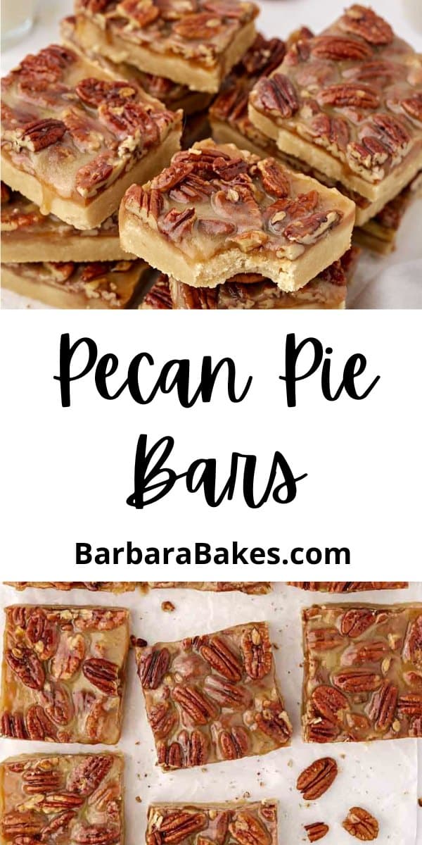 Pecan Pie Bars offer you all of the goodness of a pecan pie without all the mess. They are quick to make and you can eat them with your hands! via @barbarabakes