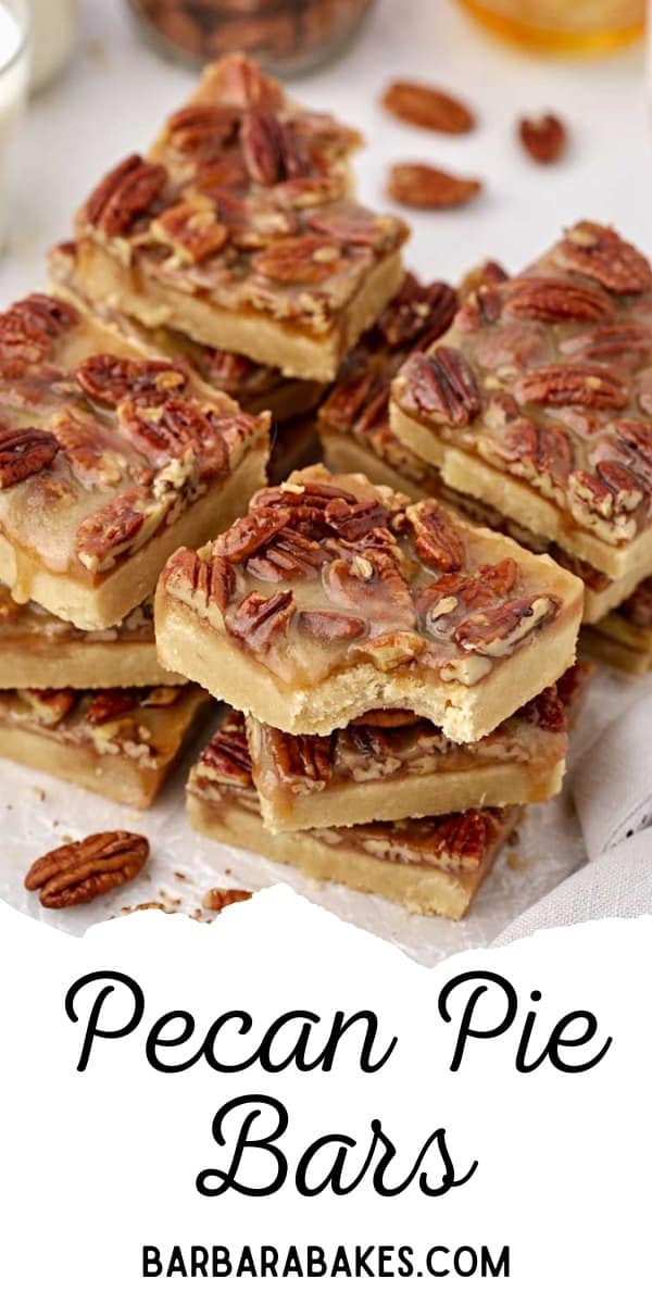 pin image of pecan pie bars with bite taken out of one