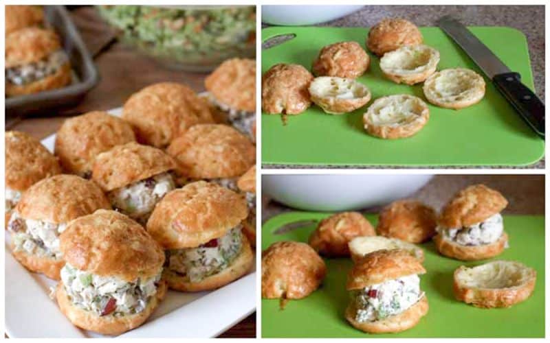 gougeres sliced open and filled with chicken salad to make a mini sandwich