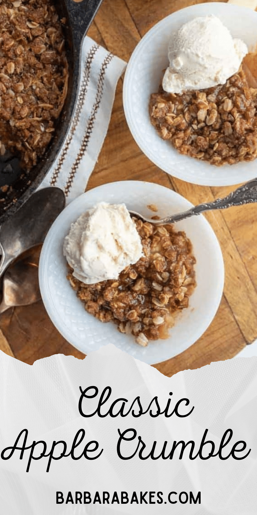 A hot homemade Apple Crisp is the perfect easy dessert, especially topped with a rich creamy vanilla ice cream. Easy to make and delicious! via @barbarabakes