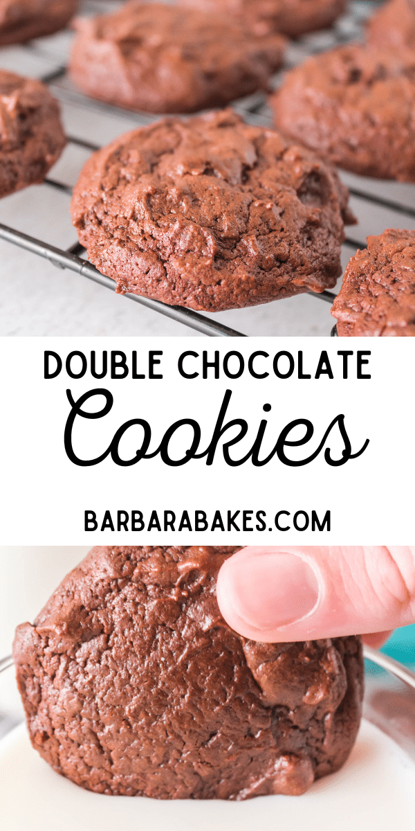 pin for double chocolate cookies with photos of the puffy cookies