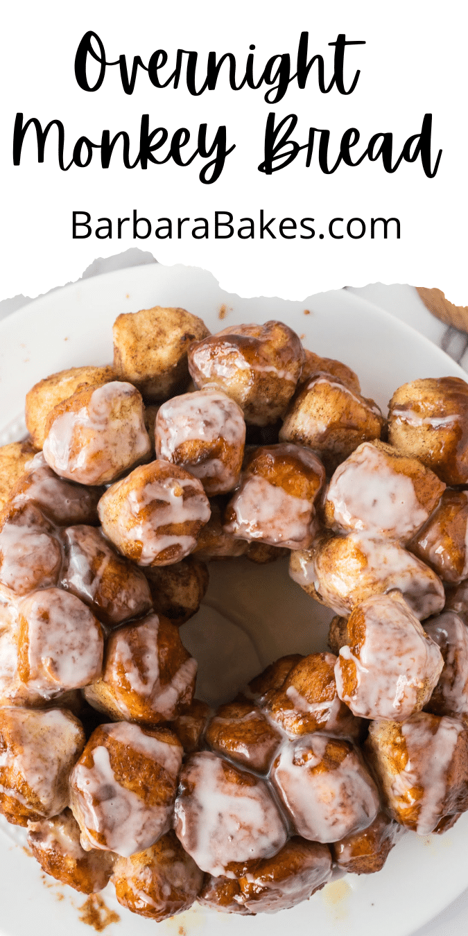 Prep this monkey bread recipe the ahead of time and let it rest overnight in the fridge and bake in the morning. It's like a cinnamon roll pull apart bread and it's amazing! via @barbarabakes