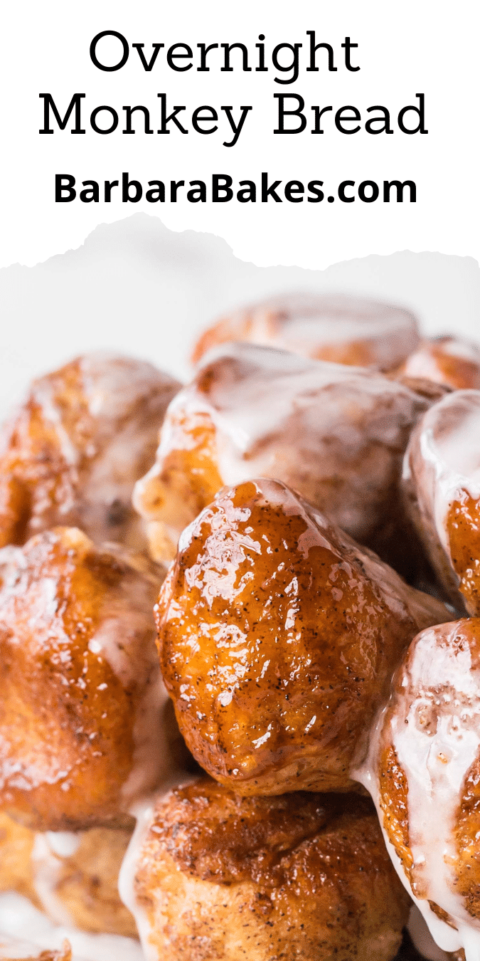 Prep this monkey bread recipe the ahead of time and let it rest overnight in the fridge and bake in the morning. It's like a cinnamon roll pull apart bread and it's amazing! via @barbarabakes
