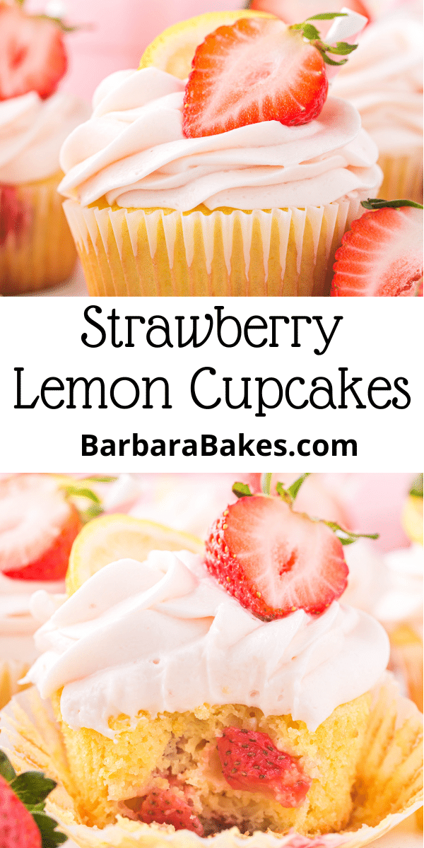 Strawberry Lemon Cupcakes made with lemonade and a strawberry cream cheese icing completely scream summer. These are fun, easy and really cute too. via @barbarabakes