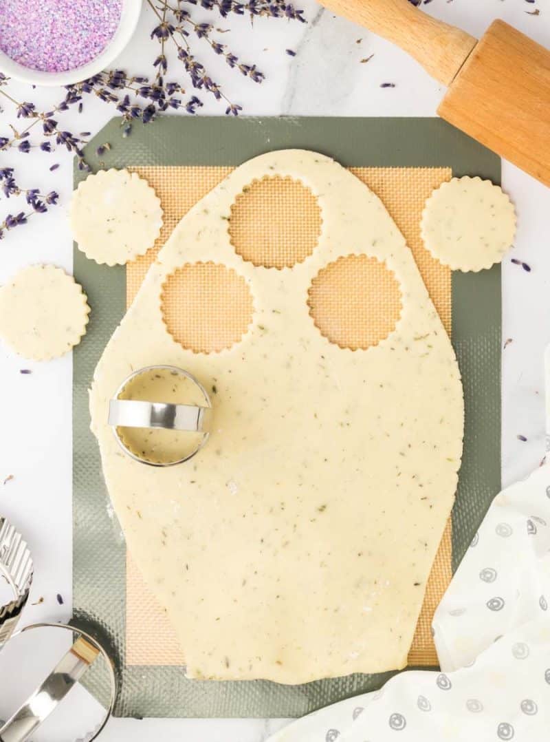 lavender shortbread cookie dough being cut into decorated circle shapes