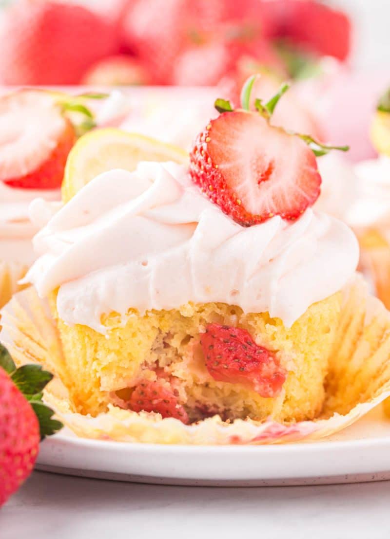 strawberry lemon cupcake with a bite taken out