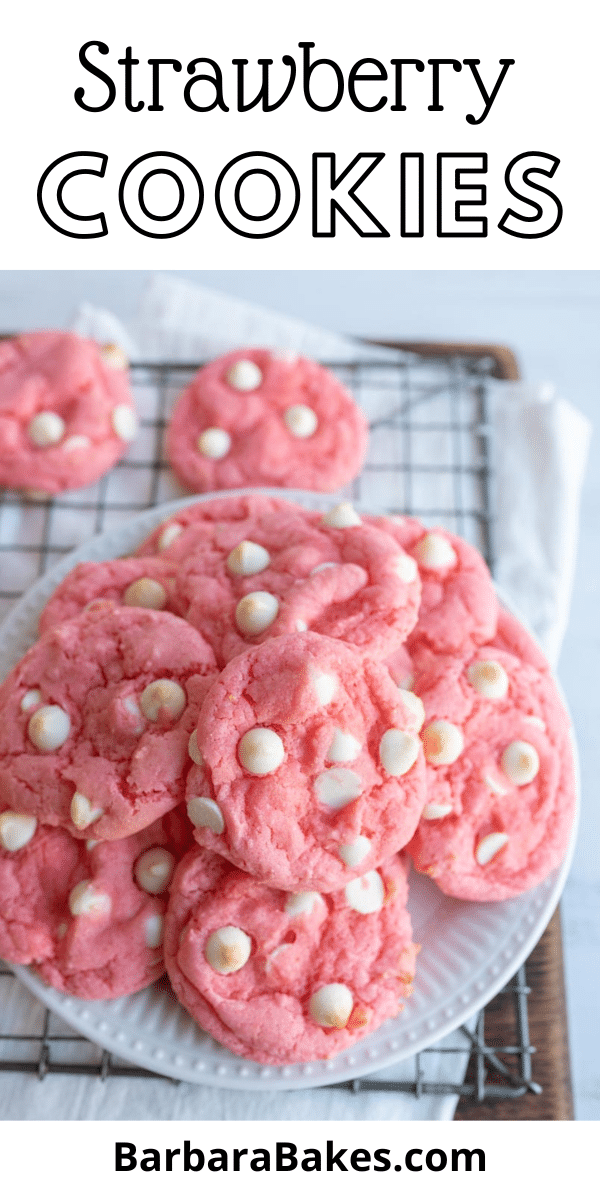 Pin image for strawberry cookies with photo of stack of strawberry cookies on a plate.