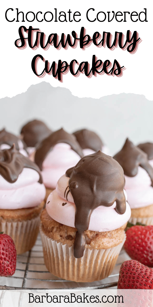 Pin image for a photo of chocolate covered strawberry cupcake