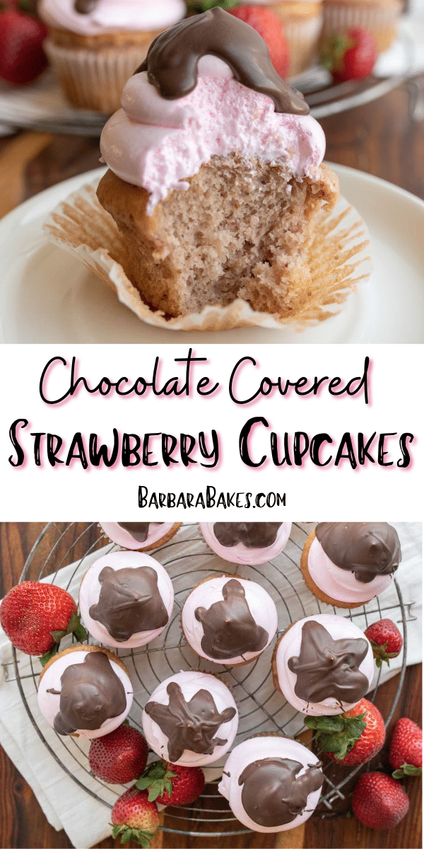 Easy recipe for Chocolate Covered Strawberry Cupcakes that will satisfy your sweet tooth and impress your friends and family. via @barbarabakes