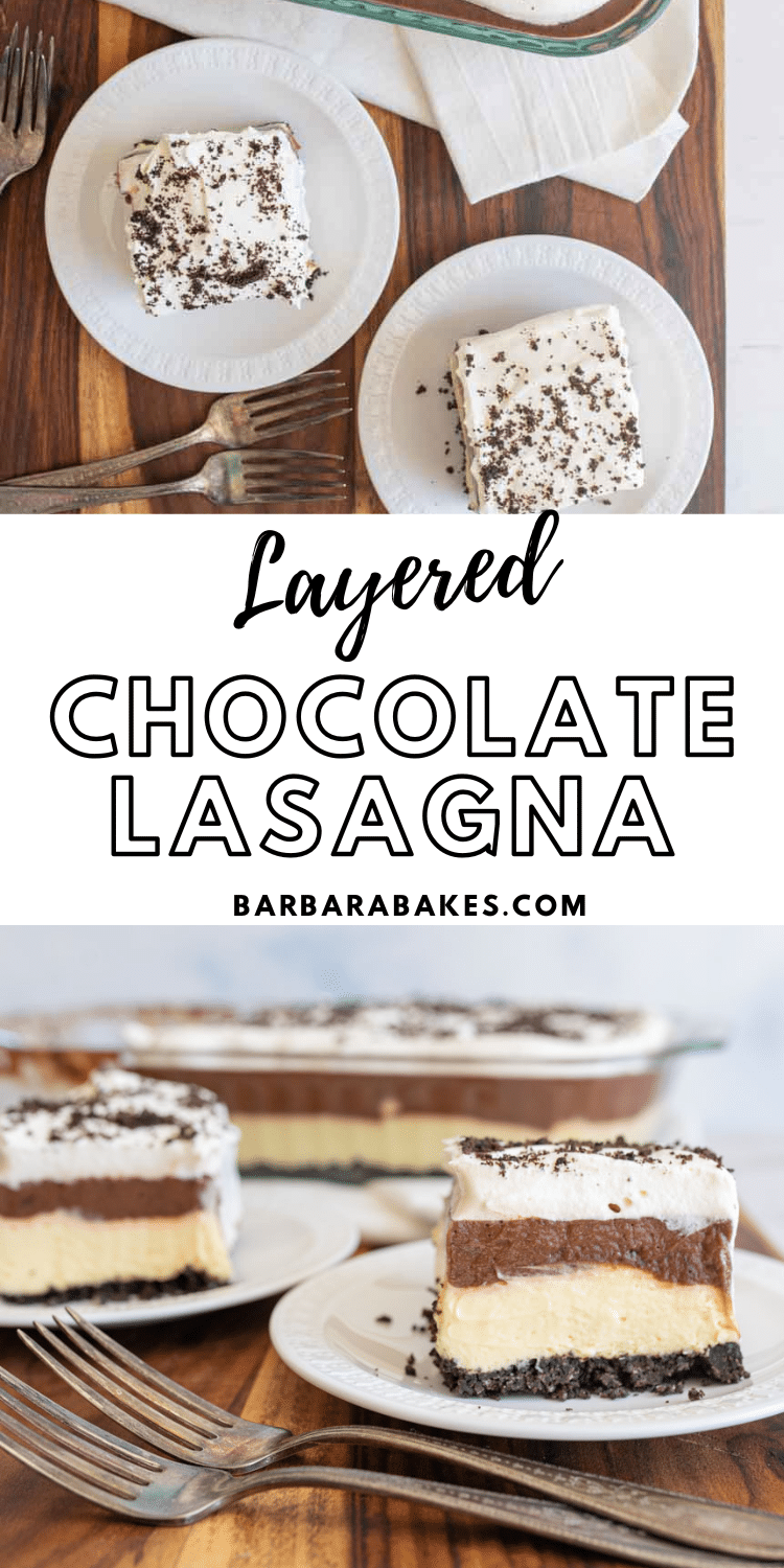 pin that reads "layered chocolate lasagna"