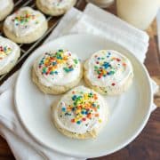 3 funfetti cookies on a white plate