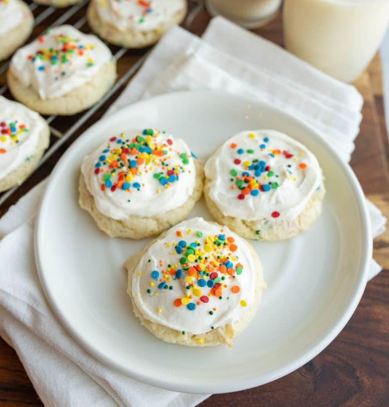 3 funfetti cookies on a white plate