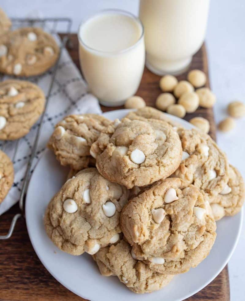 stack of white chocolate macadamia nut cookies on a plate