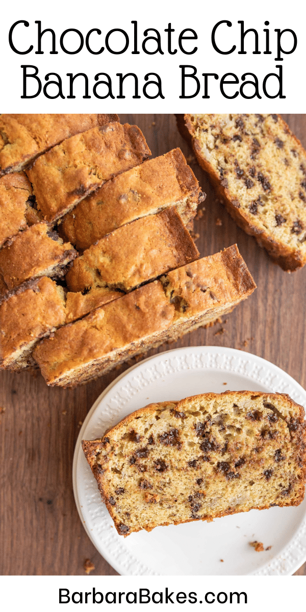 Whether you enjoy a slice for breakfast, as an afternoon pick-me-up, or a snack, chocolate chip banana bread is delicious. via @barbarabakes