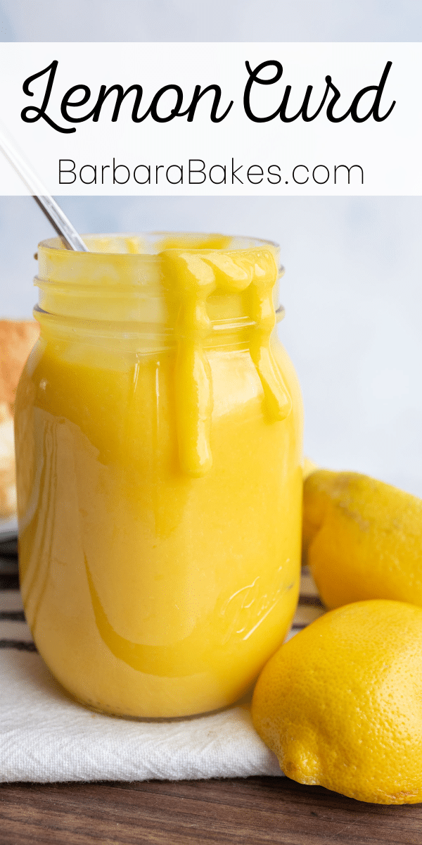 pin for lemon curd recipe with bright yellow lemon curd dripping out of a mason jar