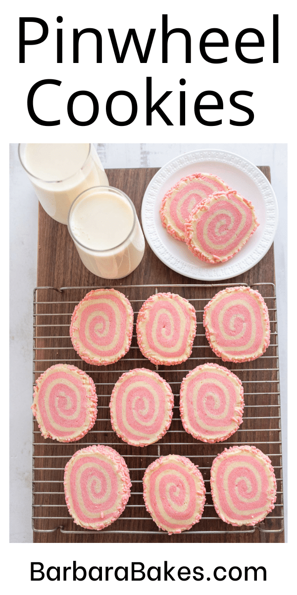 pin for pink pinwheel cookies with images of the swirl design in white and pink on the thin pinwheel cookies with pink sprinkles on the edges