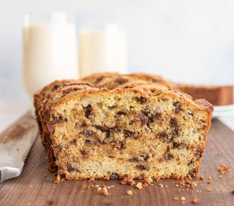 close up of the cross section of chocolate chip banana bread