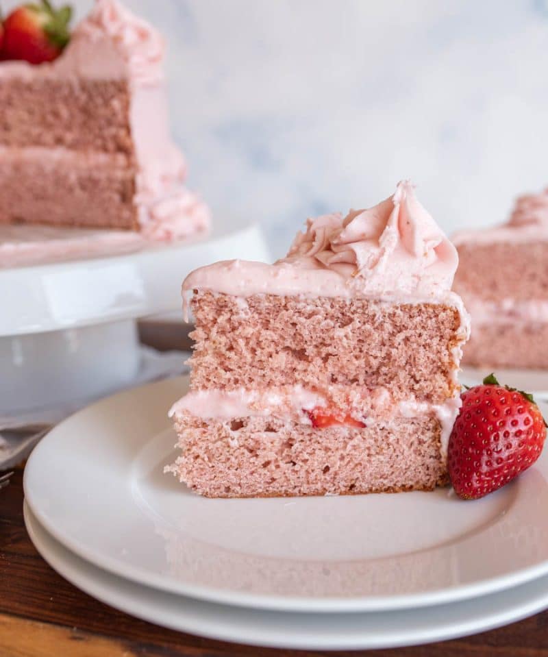Slice of strawberry cake.