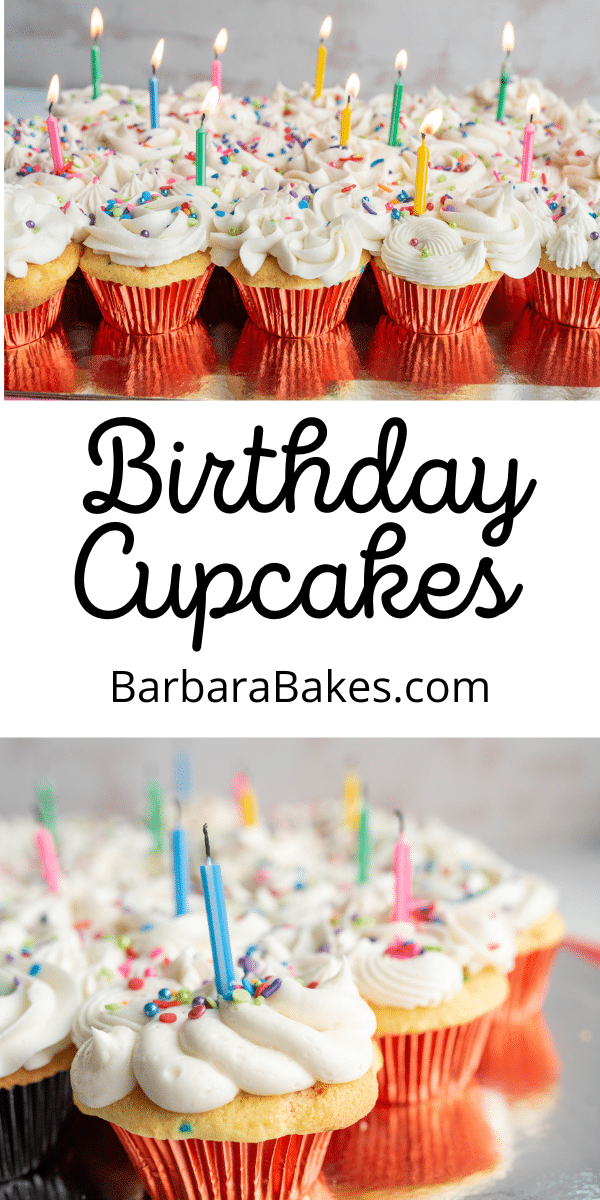 Birthday cupcakes made with a cake mix: a shortcut to sweetness and a sprinkle-filled celebration! Simple, tasty and fun for all. via @barbarabakes