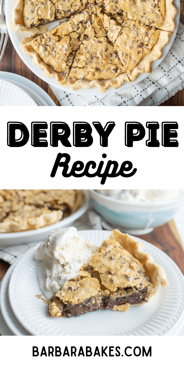 Derby Pie is a dessert with a combination of chocolate chips, nuts, and a sweet filling encased in a flaky pie crust. via @barbarabakes