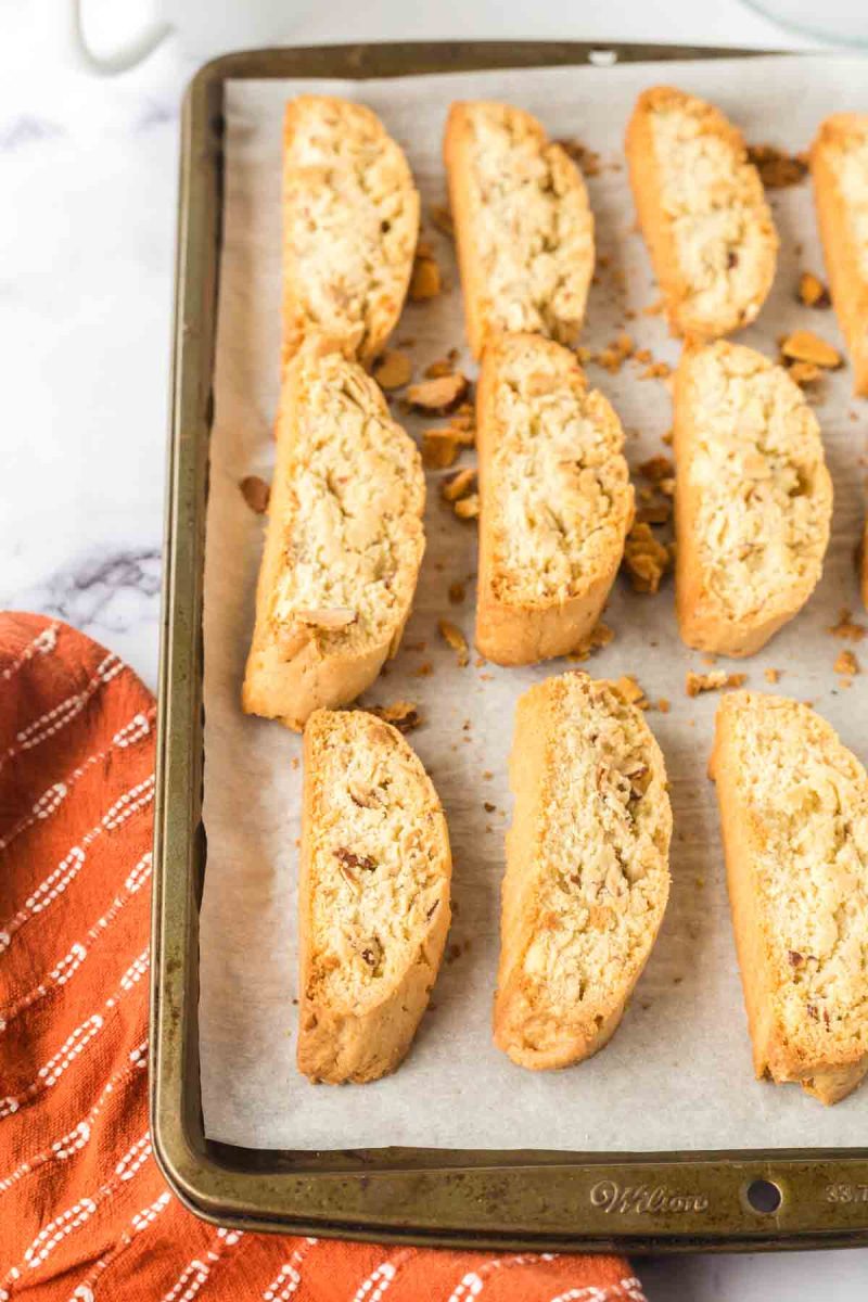 Baked biscotti on a baking sheet.