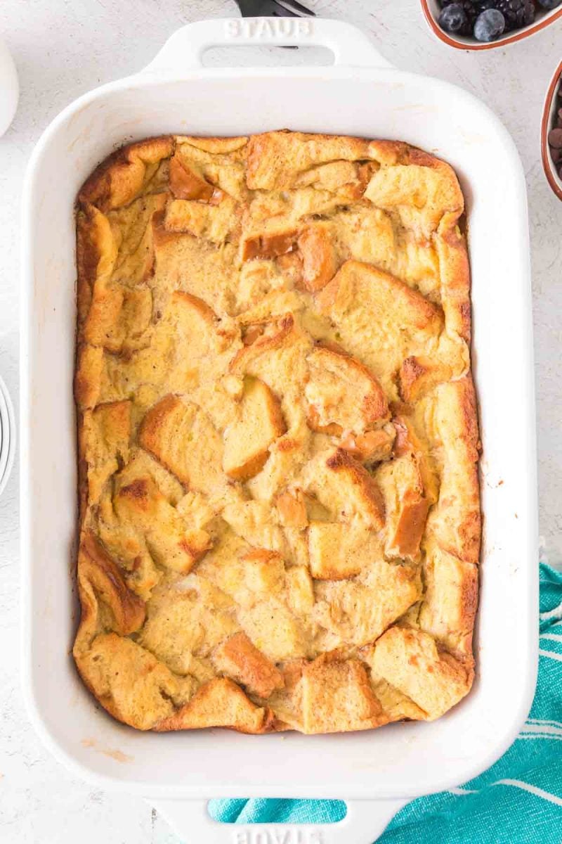 French toast casserole in a baking dish.