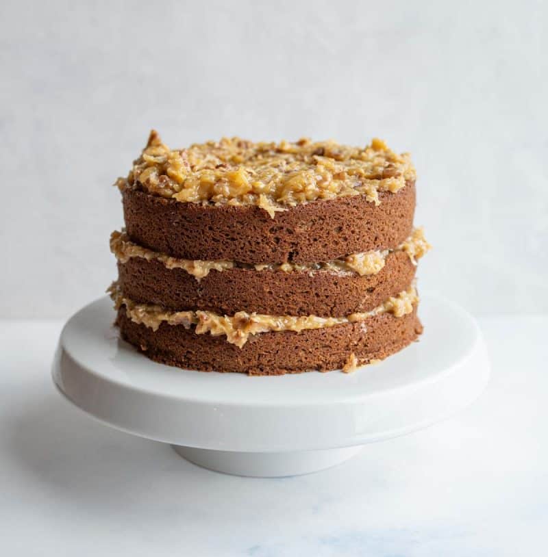 completed german chocolate cake with layers. 