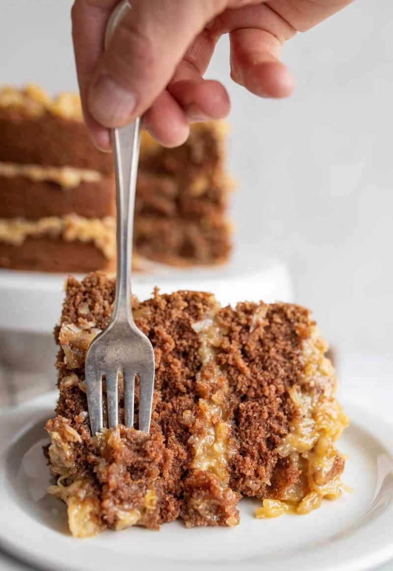 Slice of layered German chocolate cake.