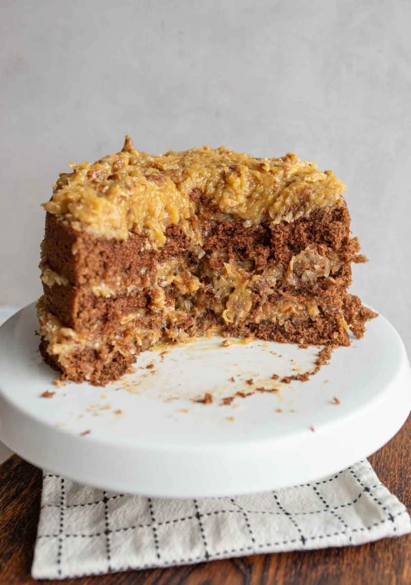 The inside of a layered german chocolate cake.