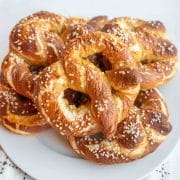 plate of stacked baked homemade pretzels