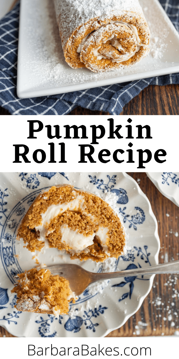 A pumpkin roll combines spiced pumpkin cake and creamy filling in a delightful spiral, embodying the joy of autumn. via @barbarabakes