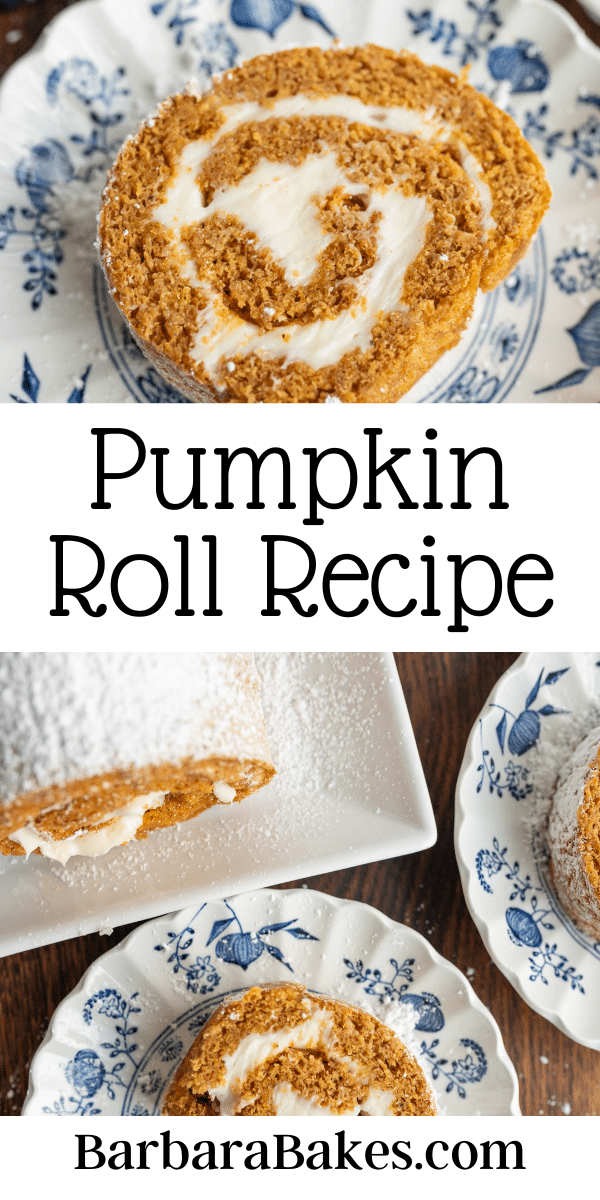 A pumpkin roll combines spiced pumpkin cake and creamy filling in a delightful spiral, embodying the joy of autumn. via @barbarabakes