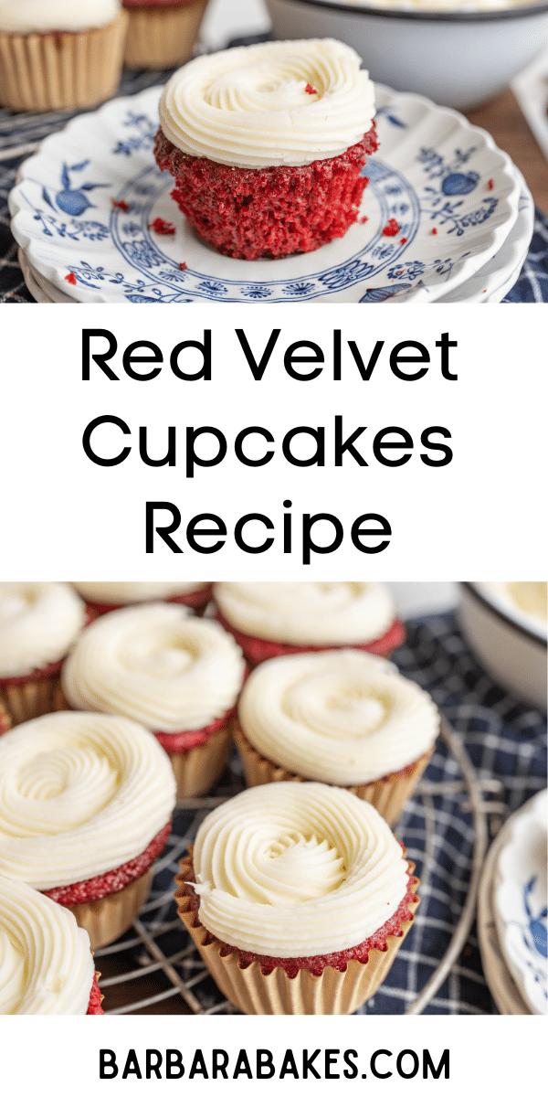 Red Velvet Cupcakes are moist cocoa-flavored cakes with tangy cream cheese frosting and a striking red hue. via @barbarabakes