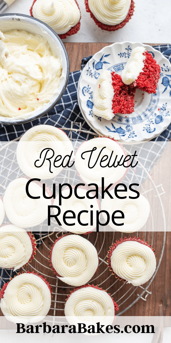 Red Velvet Cupcakes are moist cocoa-flavored cakes with tangy cream cheese frosting and a striking red hue. via @barbarabakes