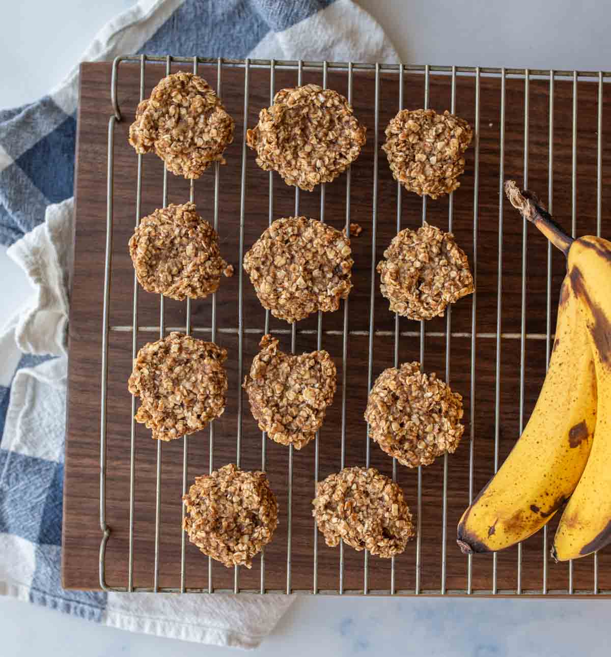 banana oatmeal cookies lined on a cooling rack top view