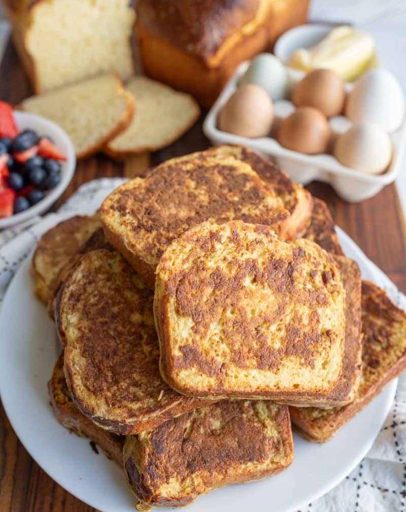 stack of brioche french toast on a plate