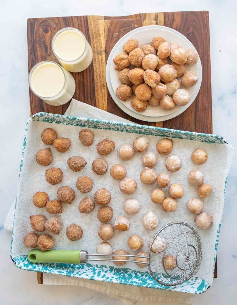 top view aesthetic of donut holes on a baking dish
