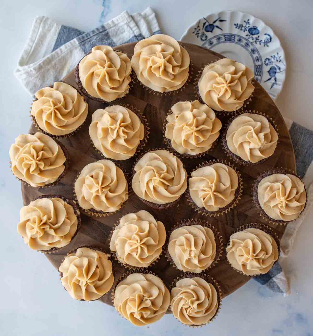 top view of chocolate cupcakes with peanut butter frosting