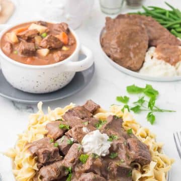 photo of three meals prepared with round steak - round steak beef stew, round steak over noodles, and round steak with gravy dinner with green beans and mashed potatoes