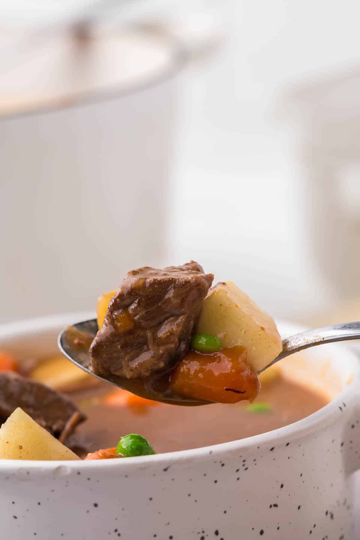 close up of a spoonful of round steak beef stew in a round white soup bowl
