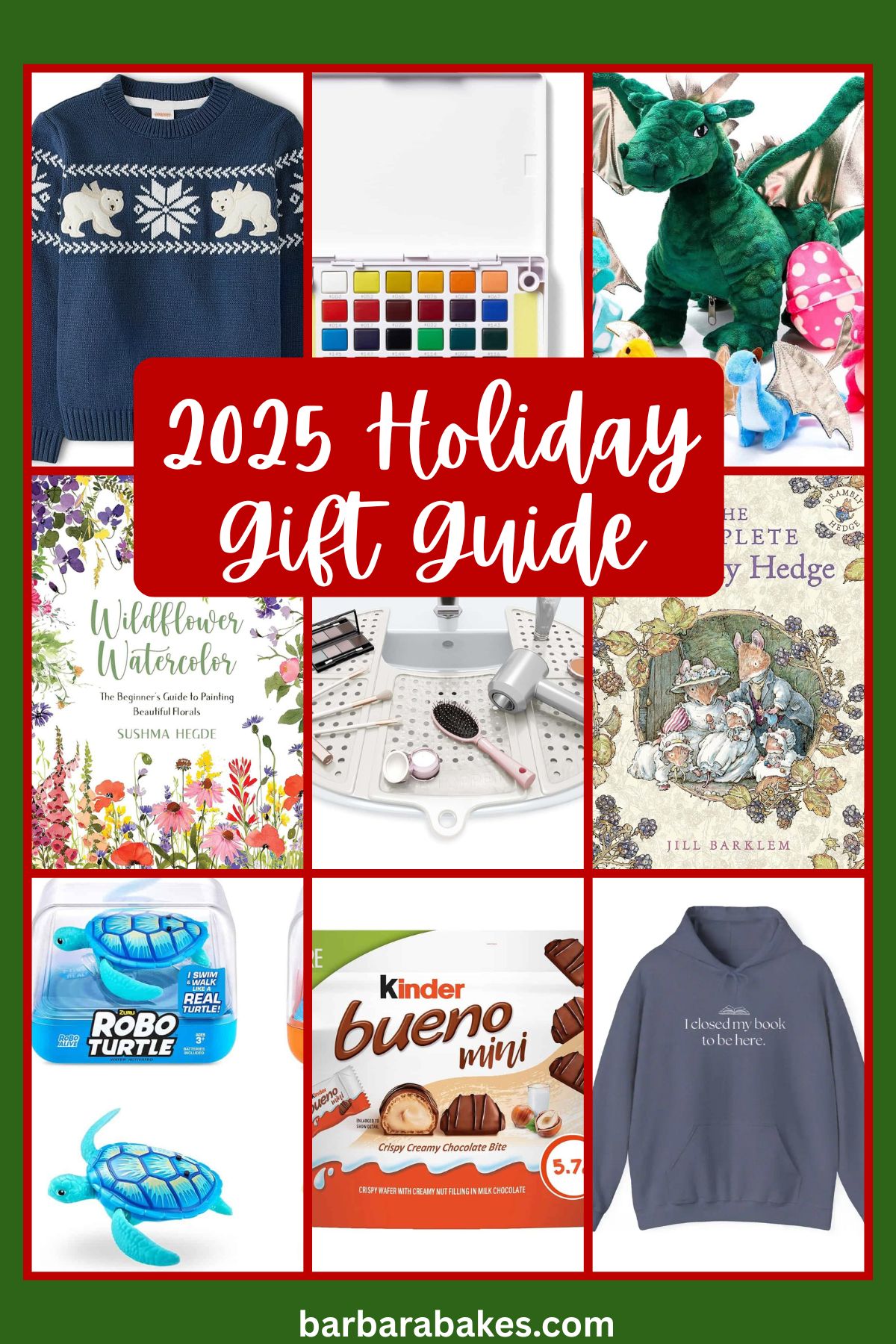 A collage of holiday gift ideas including a blue sweater, dinosaur plush, watercolor book, board game, illustrated book, toy turtle, Kinder Bueno chocolates, and a book, with 2025 Holiday Gift Guide in the center.