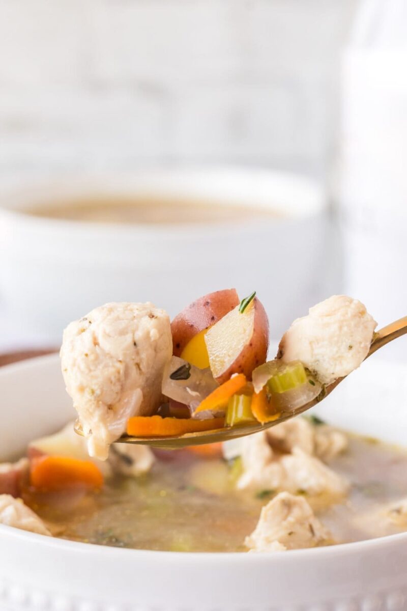 A close-up of a spoonful of chicken stew recipe, featuring chunks of chicken, potatoes, carrots, celery, and savory broth held above a white bowl filled with more soup.