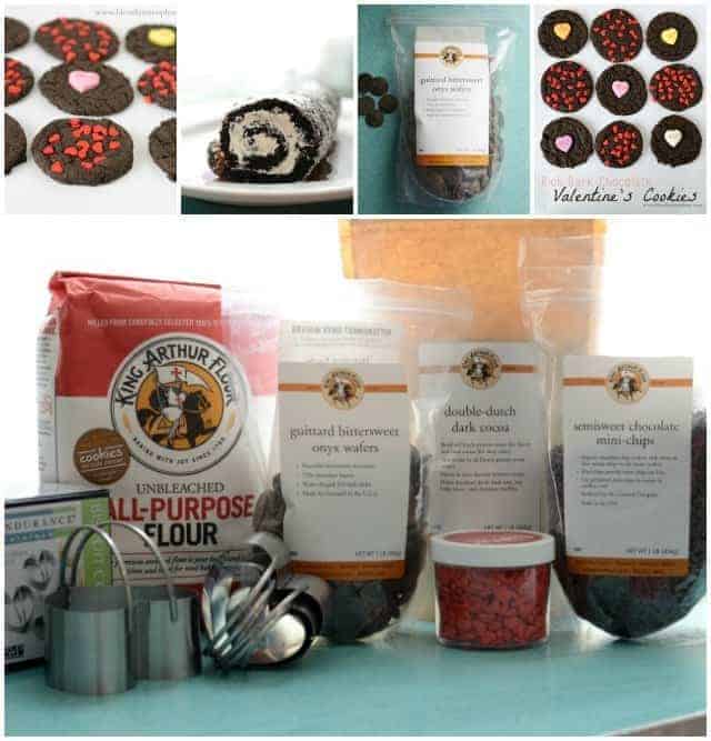 Baking ingredients and supplies, including flour, cocoa, chocolate chips, sprinkles, cookie cutters, and decorated Valentine Day cookies with heart-shaped decorations, are displayed on a counter with Valentines themed cookies shown in smaller images.