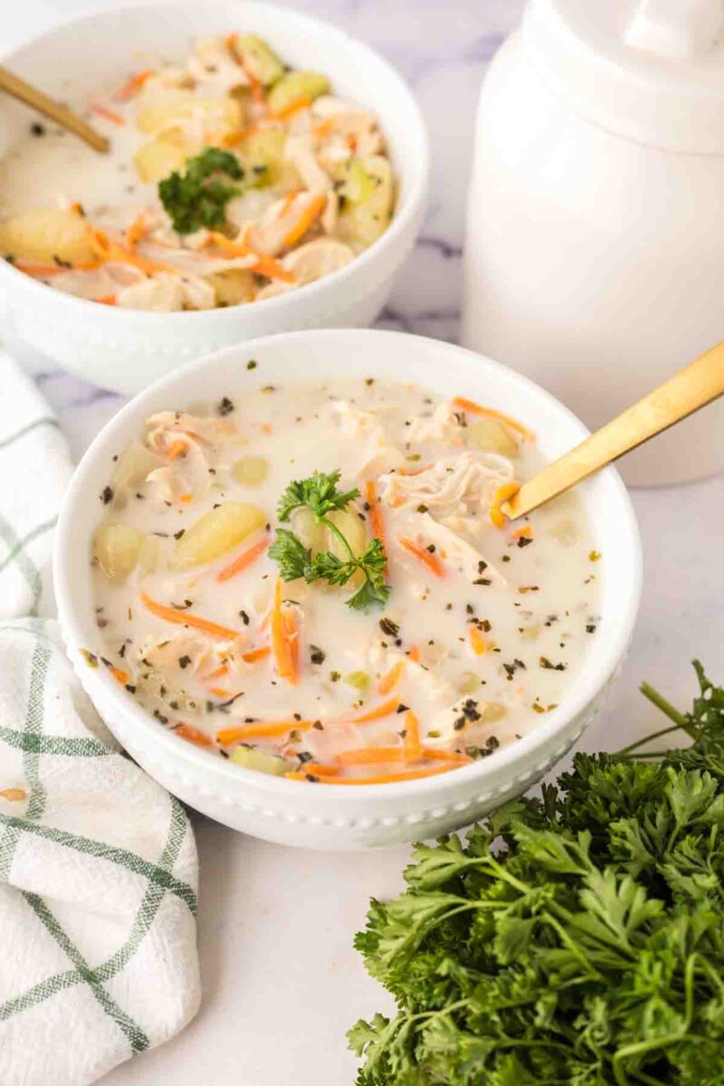 Two bowls of creamy Italian chicken gnocchi soup with carrots, celery, and herbs, garnished with fresh parsley. A white jug, green checkered towel, and a bunch of parsley are nearby on a white surface.