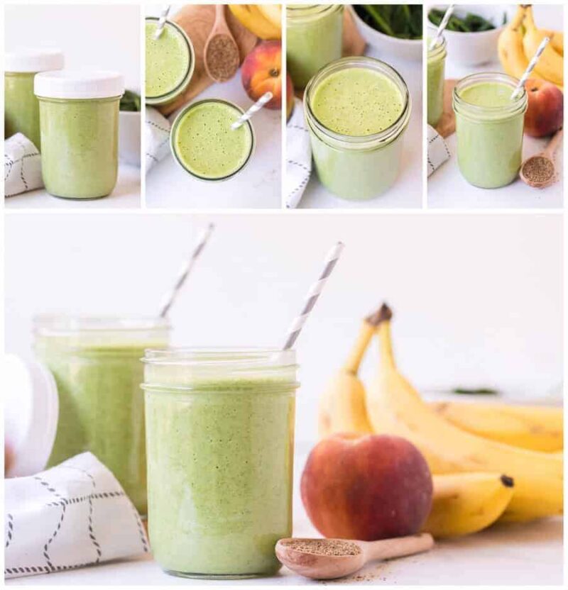 A collage shows jars of green smoothie alongside bananas, peaches, and leafy greens. The main image highlights a simple green smoothie recipe with two jars topped with striped straws, surrounded by fruit and a spoon with powder.