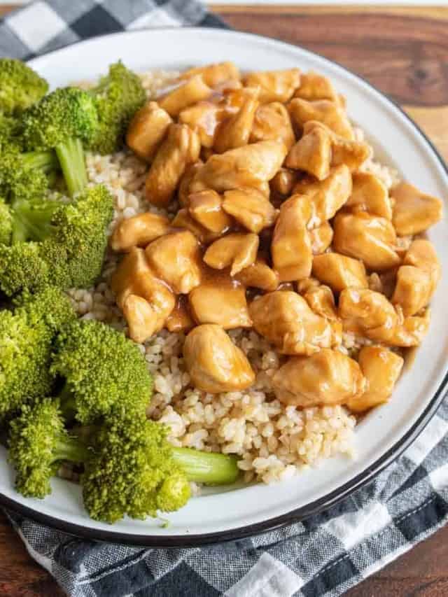 A plate with steamed broccoli, brown rice, and pieces of teriyaki chicken coated in a glossy brown sauce, placed on a black-and-white checkered napkin—a classic teriyaki chicken recipe served with fresh sides.